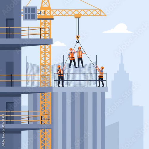 Construction team working together on a high-rise building project with a crane