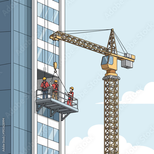 Construction team in safety harnesses works on scaffolding attached to a modern skyscraper with a tall yellow crane.