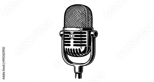 A detailed black and white line art illustration of a vintage style professional studio microphone Vector