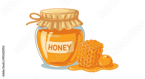 Honey jar with honeycomb and honey.