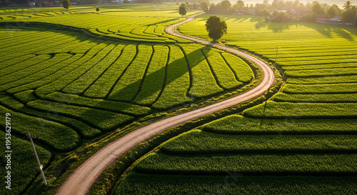 Winding Dirt Road Through Lush Green Terraced Tea Plantation at Sunrise