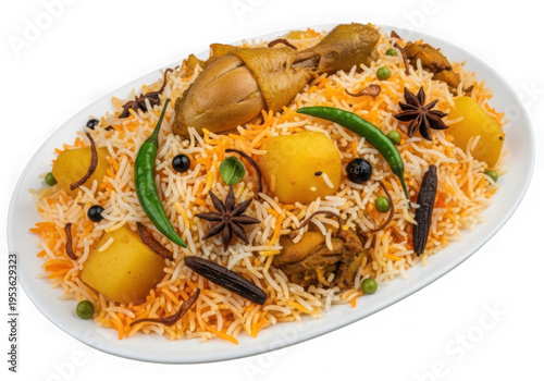 A plate of biryani with potatoes and spices isolated on transparent background