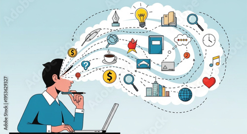 Creative Thought Process - Man at Laptop with Idea Cloud.