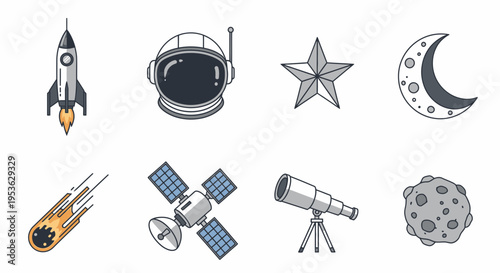 Space icons with rocket and telescope 5.