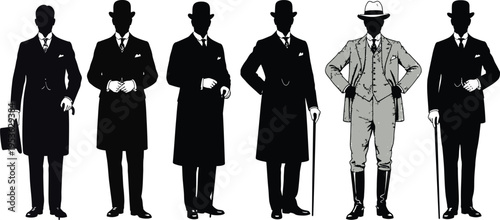 Vintage gentleman silhouette set, aristocrat men in classic suits with cane and hat, elegant Victorian style characters, detailed vector isolated background