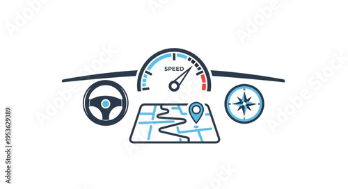 Car Dashboard Instruments Illustration - Steering Wheel, Speedometer, Map, and Compass.