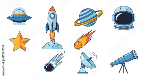 Space objects and astronomy equipment.