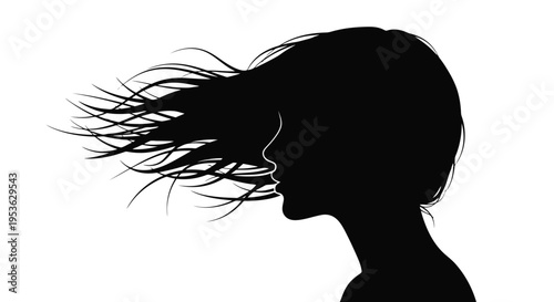 Silhouette of a womans head with windblown hair.