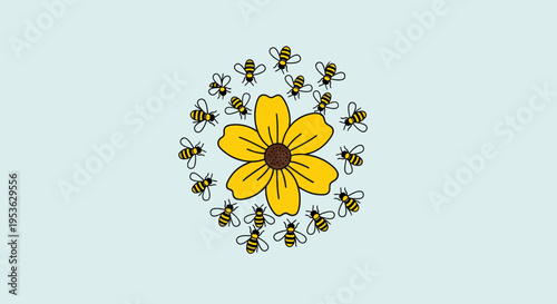 Yellow flower with flying bees around.