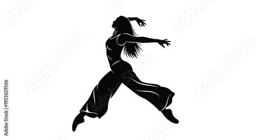 Silhouette of a Woman Dancing with Flowing Hair and Wide Pants.