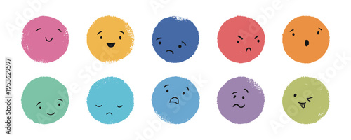 emotion icon set with expressive face symbol, colorful round mood character vector collection for kids, app, game, classroom, social media, sticker, user interface and digital communication design