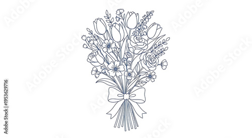 Bouquet of Flowers with Blue Ribbon on White Background