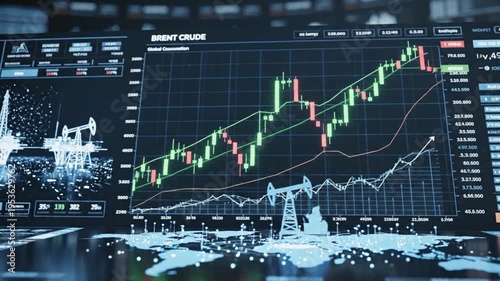Financial digital display illustrating soaring petroleum price with bullish candlestick chart alongside offshore energy drilling platform representing global economic trade and fuel cost.