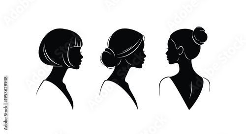 Three Diverse Female Silhouettes with Different Hairstyles.