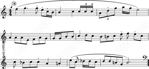 Musical notes sheet music staff notation, classical melody composition, treble clef score illustration, music theory concept, black vector design