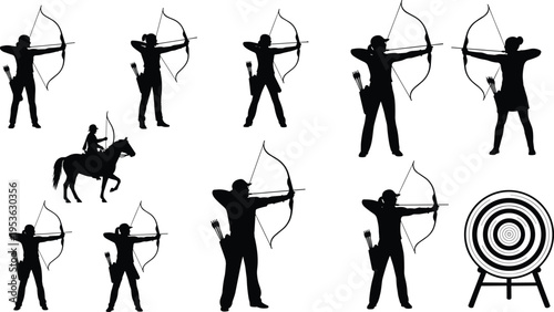 Archery silhouettes set, archer aiming bow and arrow, target practice illustration, sport hunting concept, traditional shooting activity, vector design collection