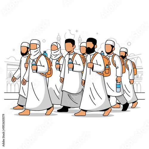 Group of Muslim pilgrims in white ihram robes walking together carrying backpacks and water bottles on a religious journey.