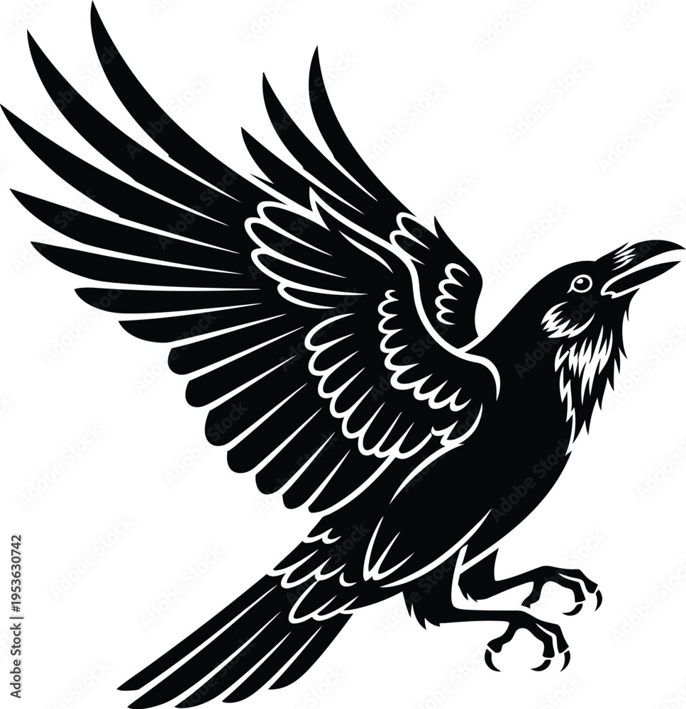 Obraz premium A black raven in mid flight with wings spread wide and beak open