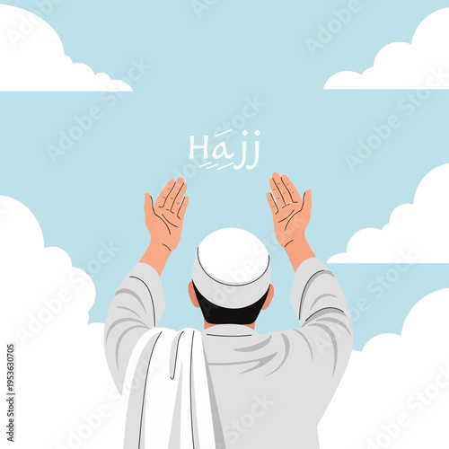Muslim pilgrim raising hands in prayer to the heavens during Hajj, signifying devotion and supplication