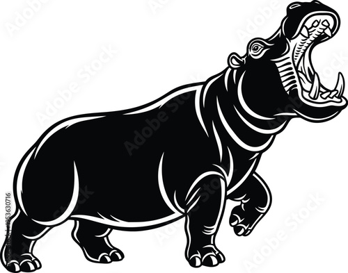 A black and white illustration of a hippopotamus with its mouth open