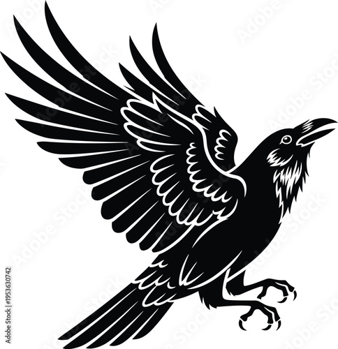 A black raven in mid flight with wings spread wide and beak open