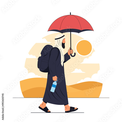 Muslim Pilgrim Walking with Backpack and Umbrella Under the Sun in Desert Landscape