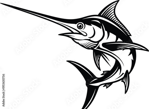 A black and white drawing of a marlin fish jumping out of the water