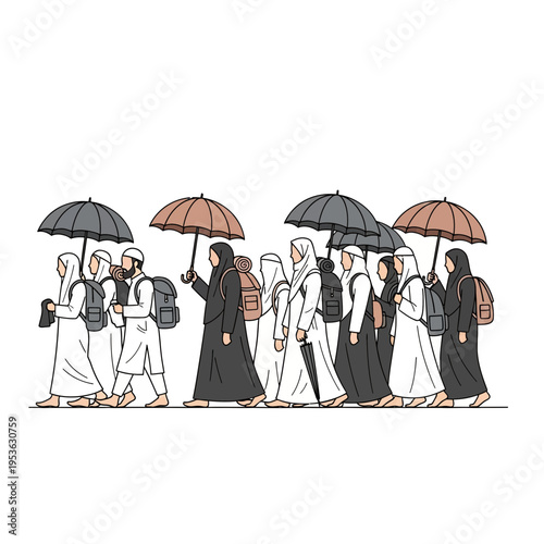 Muslim pilgrims walking together with umbrellas and backpacks during their Hajj journey