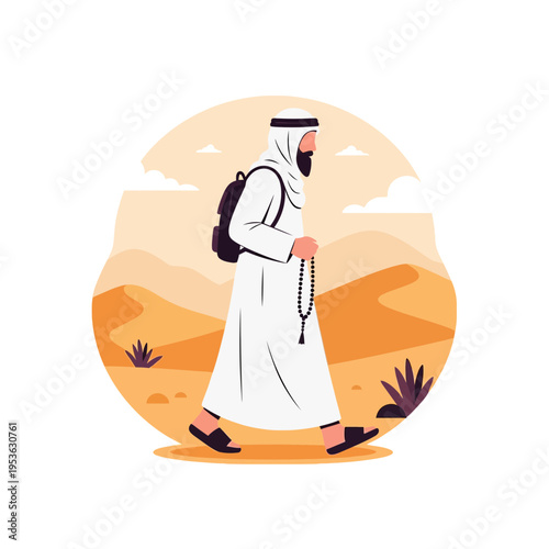 Muslim pilgrim with prayer beads and backpack walking through desert landscape, on a sacred journey of faith
