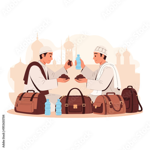 Muslim pilgrims sharing dates and water with luggage in a city setting during their journey