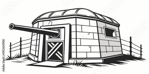 A small building with a cannon on top