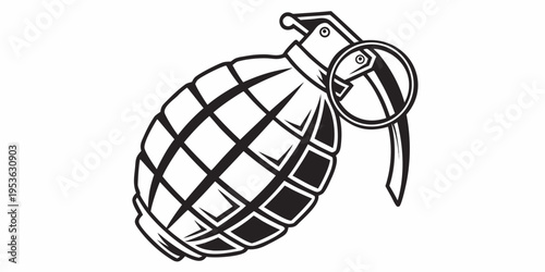 A black and white drawing of a grenade