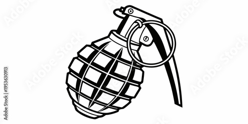 A black and white drawing of a grenade