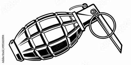 A black and white drawing of a grenade