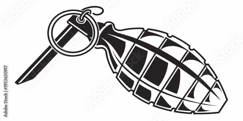 A black and white drawing of a grenade
