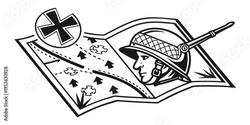 A soldier in a helmet with a rifle and a map