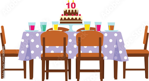 Birthday party table set with chocolate cake and colorful drinks