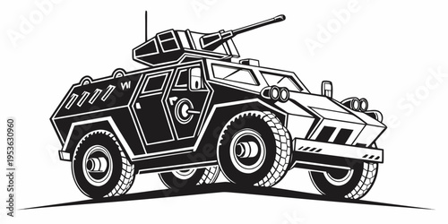A black and white illustration of a military vehicle