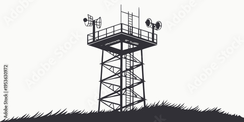 A tall metal tower with a platform and speakers on top