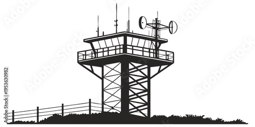 A tall metal watchtower with antennas on top