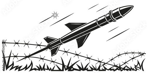 A black and white illustration of a missile flying over a barbed wire fence