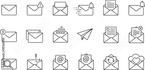 Email and communication icons including envelopes notifications messages and mailboxes on grid