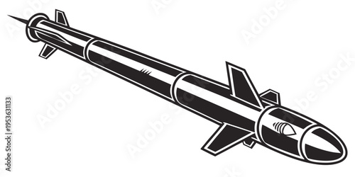 A black and white image of a missile