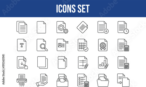 Document icons set with paper files list and settings for business and administration