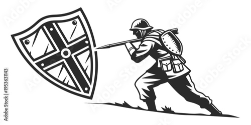 A soldier in world war i uniform holding a shield and a spear