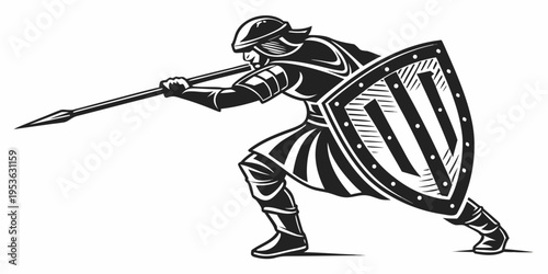 A medieval knight in armor holding a spear and shield