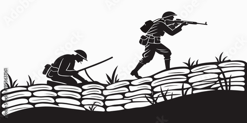 Soldiers in combat on a stone wall