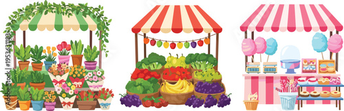 Collection of colorful street market stalls with flowers fruits and sweets