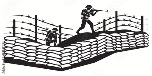 Soldiers in combat position behind sandbags and barbed wire