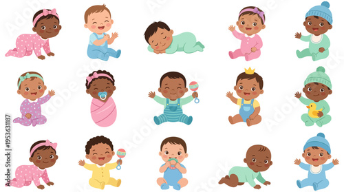 Diverse baby character collection | Multicultural infants crawling and playing with toys | Flat vector illustration set for childcare design